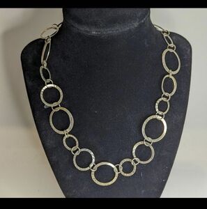 Vintage Hammered Metal Silver Tone Circle Chain Necklace 32" Magnet Closure